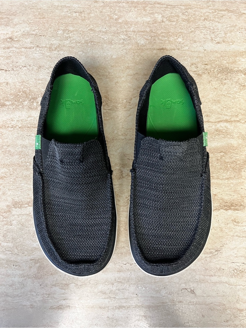 Sanuk Black Knit Slip-On Loafers with Green Insole